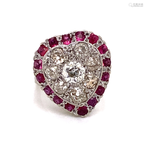 Victorian 14k Diamond Ruby Heart Shaped Ring