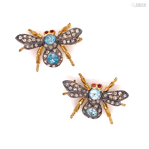 2 Sliver & Gold Diamond Blue Zircon Bug Brooch