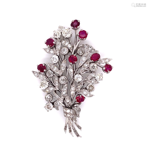 Platinum Diamond Ruby Bouquet Brooch