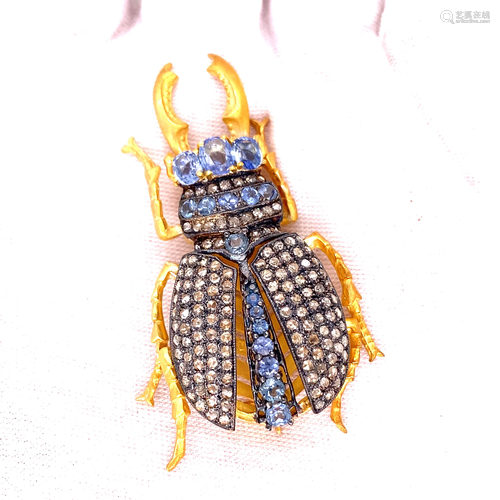 Gold Silver Diamond & Sapphire Scarab Brooch &