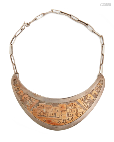 A Watson Honanie Silver and 14k gold Hopi Necklace