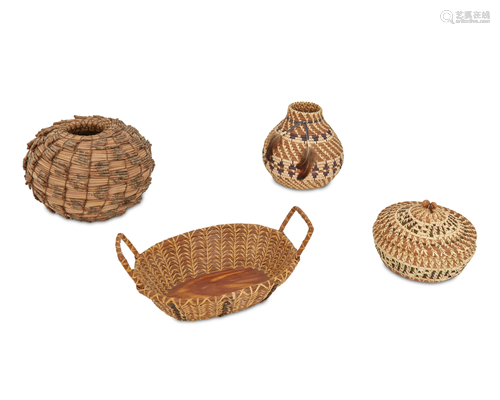 Four American woven pine needle baskets