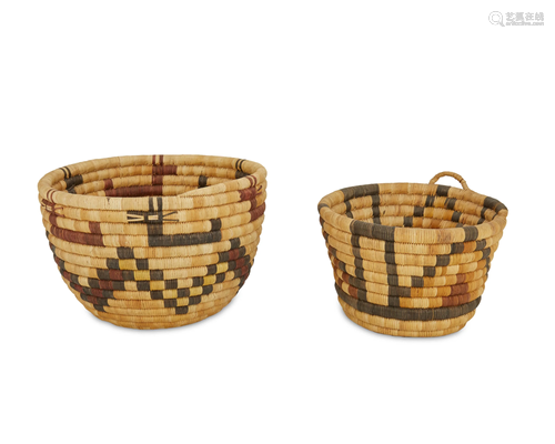 Two Hopi coiled polychrome basketry bowls