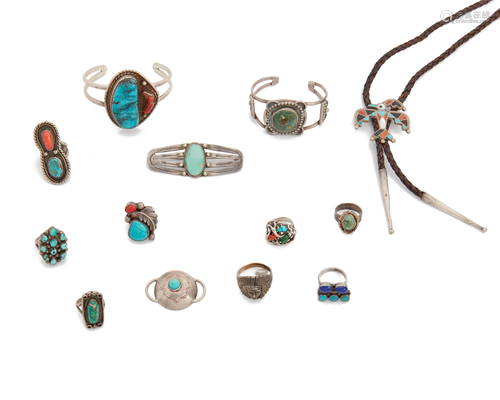 A group of silver Native American and Southwest jewelry