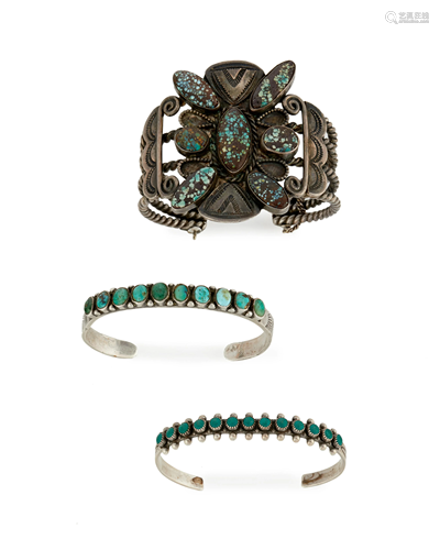 Three silver and turquoise cuff bracelets