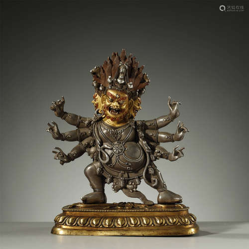 CHINESE QING DYNASTY,SILVER BUDDHA STATUE,GILT-BRONZE BASE