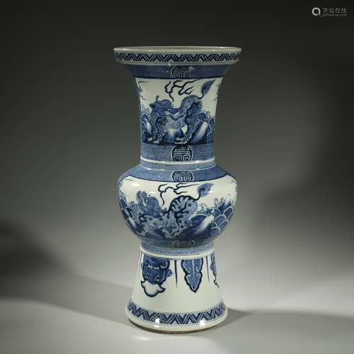 QING DYNASTY,BLUE AND WHITE MYTHICAL BEAST VASE