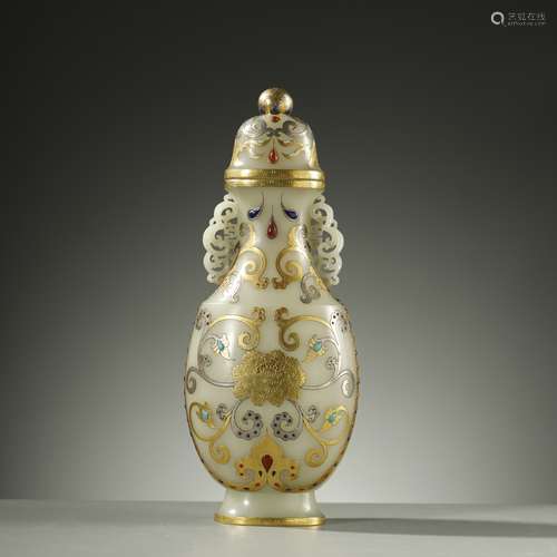 CHINESE QING DYNASTY,GOLD AND SILVER-INLAID JADE VASE