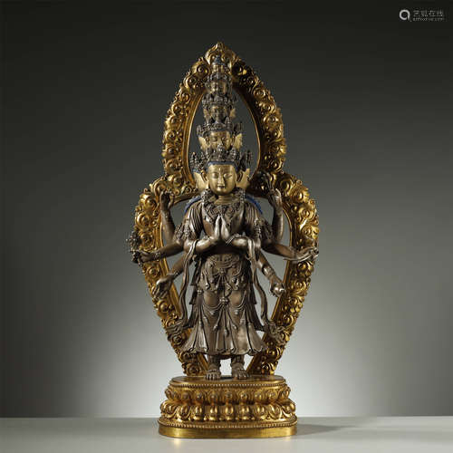 CHINESE QING DYNASTY,SILVER BUDDHA STATUE,GILT-BRONZE BASE