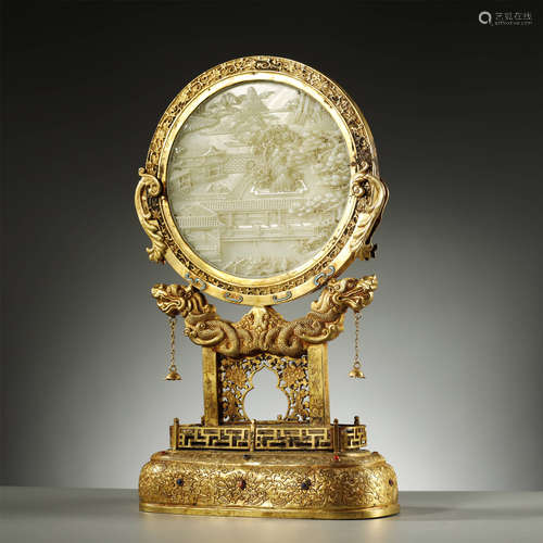 CHINESE QING DYNASTY,GILT-BRONZE WHITE JADE SCREEN