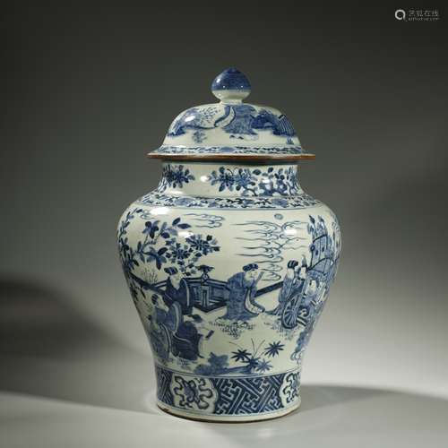 QING DYNASTY,BLUE AND WHITE GLAZED JAR AND COVER