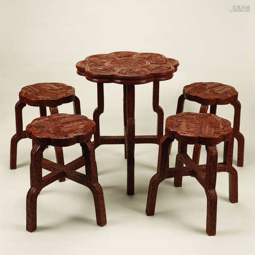 A GROUP OF LACQUER WARE CHAIRS AND TABLE,QING DYNASTY