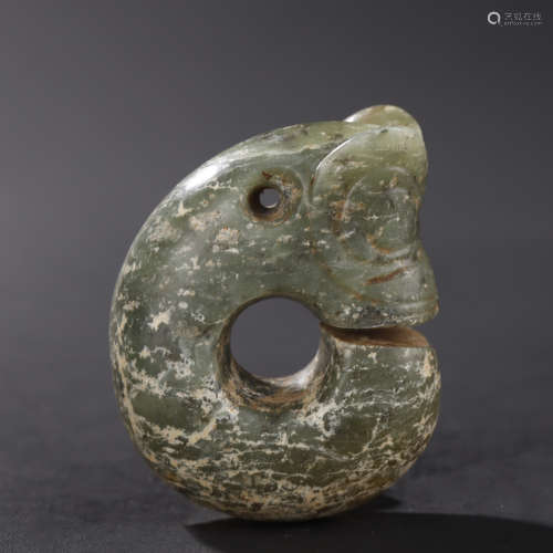 A CYAN JADE 'PIG DRAGON' CARVING NEOLITHIC PERIOD