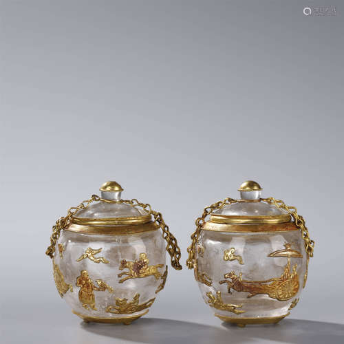 A PAIR OF CRYSTAL WITH PARCEL-GILT SILVER JARS,TANG DYNASTY