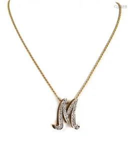 Vintage Diamond 14k Two Tone Gold Letter M Pendant &