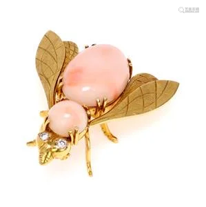 Vintage Diamond Coral 18k Yellow Gold Fly Brooch