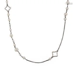 David Yurman Quatrefoil Pearls 925 Silver Long Necklace