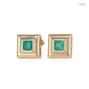 14k Two Tone Gold 1.25ct Emerald Square Stud Earrings