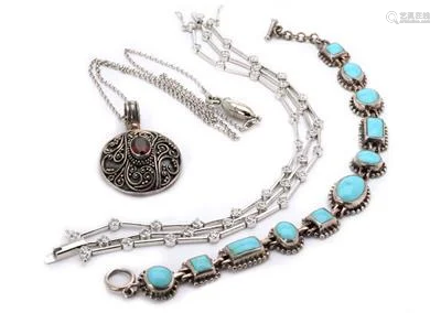 Vintage Lot of 3 Sterling Silver Turquoise CZ Necklace