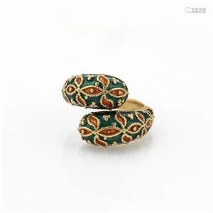 18kt Yellow Gold Red & Green Enamel Floral Bypass