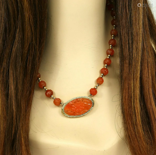 Vintage Hand Carved Carnelian Oval Cameo Pearls &