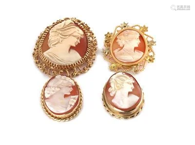 Estate Lot of 4 Shell Cameo 18k 14k Gold Assorted Size