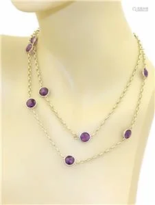 14k Yellow Gold Amethyst Gems 10 Round Station Chain