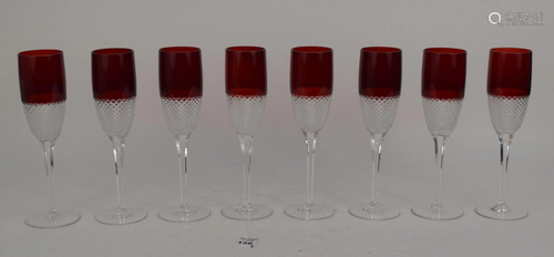 8 FABERGE RUBY & CLEAR CRYSTAL CHAMPAGNE GLASSES.