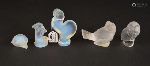 5 Lalique figures, 3 are opalscent, mermaid, snail,