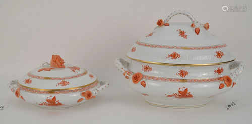 TWO HEREND RUST CHINESE BOUQUET PORCELAIN TUREENS -