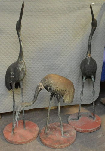 3 Vintage Bronze Crane sculptures on cement bases,