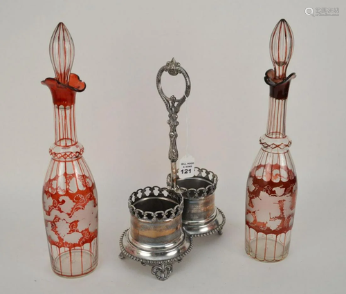 Sliver Plate Decanter holder with 2 Cranberry