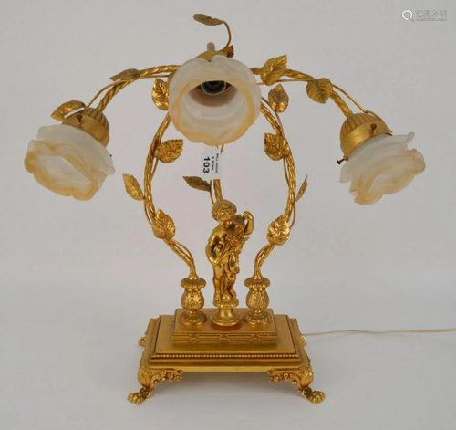 3 light gilt metal Table Lamp, vine motif and child on