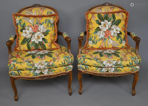 Pr. French style carved & upholstered arm chairs, 37 x