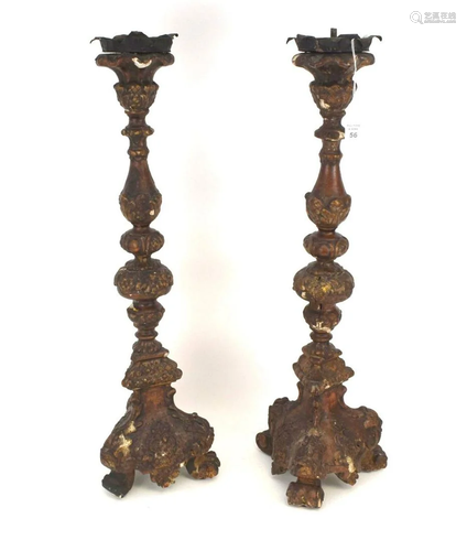 PAIR OF ANTIQUE BAROQUE STYLE CARVED WOOD PRICKETS -