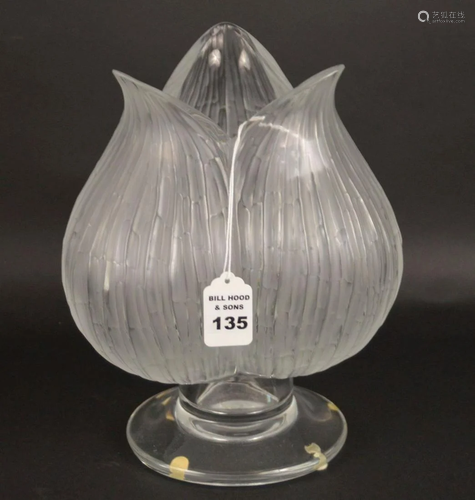 LALIQUE CRYSTAL THREE PETAL FLOWER PEDESTAL VASE -