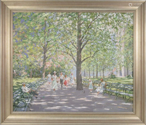 Signed illegibly oil on canvas, Ladies on a Wooded path