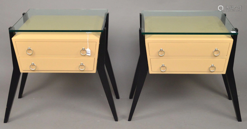 PAIR MODERN LAMP TABLES with glass tops. Condition: