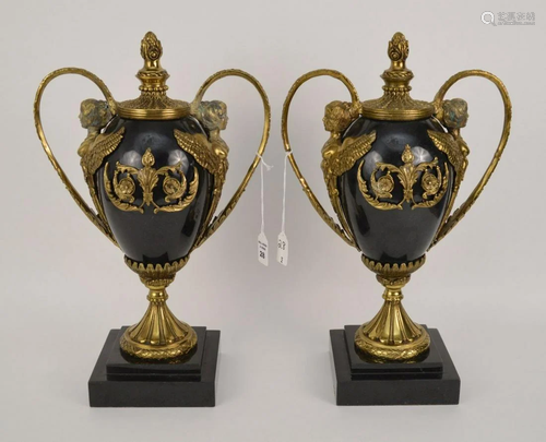 PAIR OF GREEK REVIVAL STYLE BRONZE & BLACK MARBLE URNS