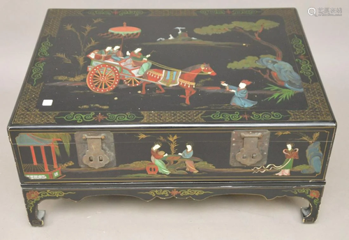 Black Lacquered Lift top Box/Coffee Table Asian Motif