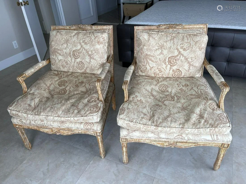 PAIR CARVED FRENCH BEACHWOOD & UPHOLSTERED CHA…