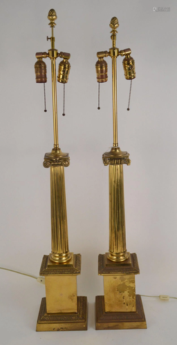 PAIR OF ANTIQUE BRONZE COLUMN-FORM LAMPS - Two-light