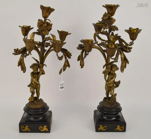 PAIR OF ITALIAN BRONZE 5-LIGHT FIGURAL CANDELABRAS -