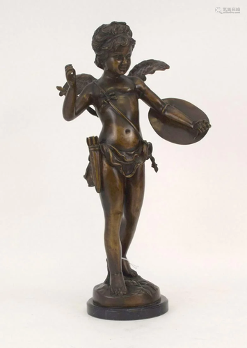 BRONZE FIGURAL SCULPTURE OF CUPID- unsigned, on black