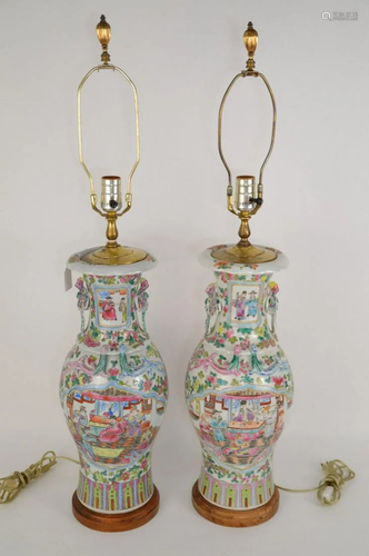 PAIR OF CHINESE FAMILLE ROSE PORCELAIN VASE LAMPS -