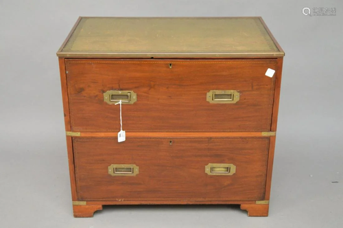 2 drawer campaign chest with worn tooled leather top,