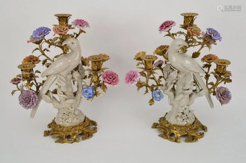 Pair of 3 branch candelabra, porcelain birds each with