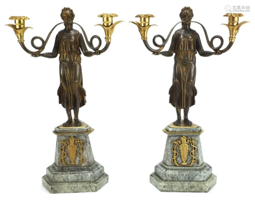 Pair of classical partially gilt bronze two branch