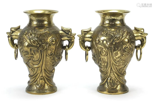 Pair of Chinese bronze vases with ring turned bird's