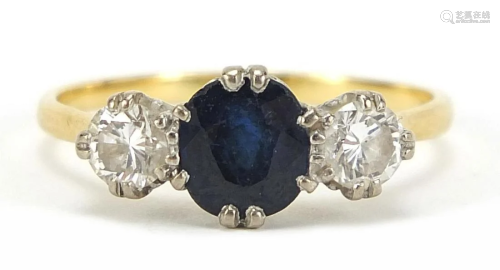 Unmarked gold, sapphire and diamond three stone ring,